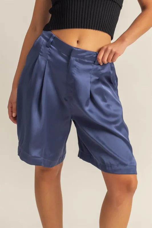 HYFVE High-Waist Pleated Satin Shorts Dusty Blue