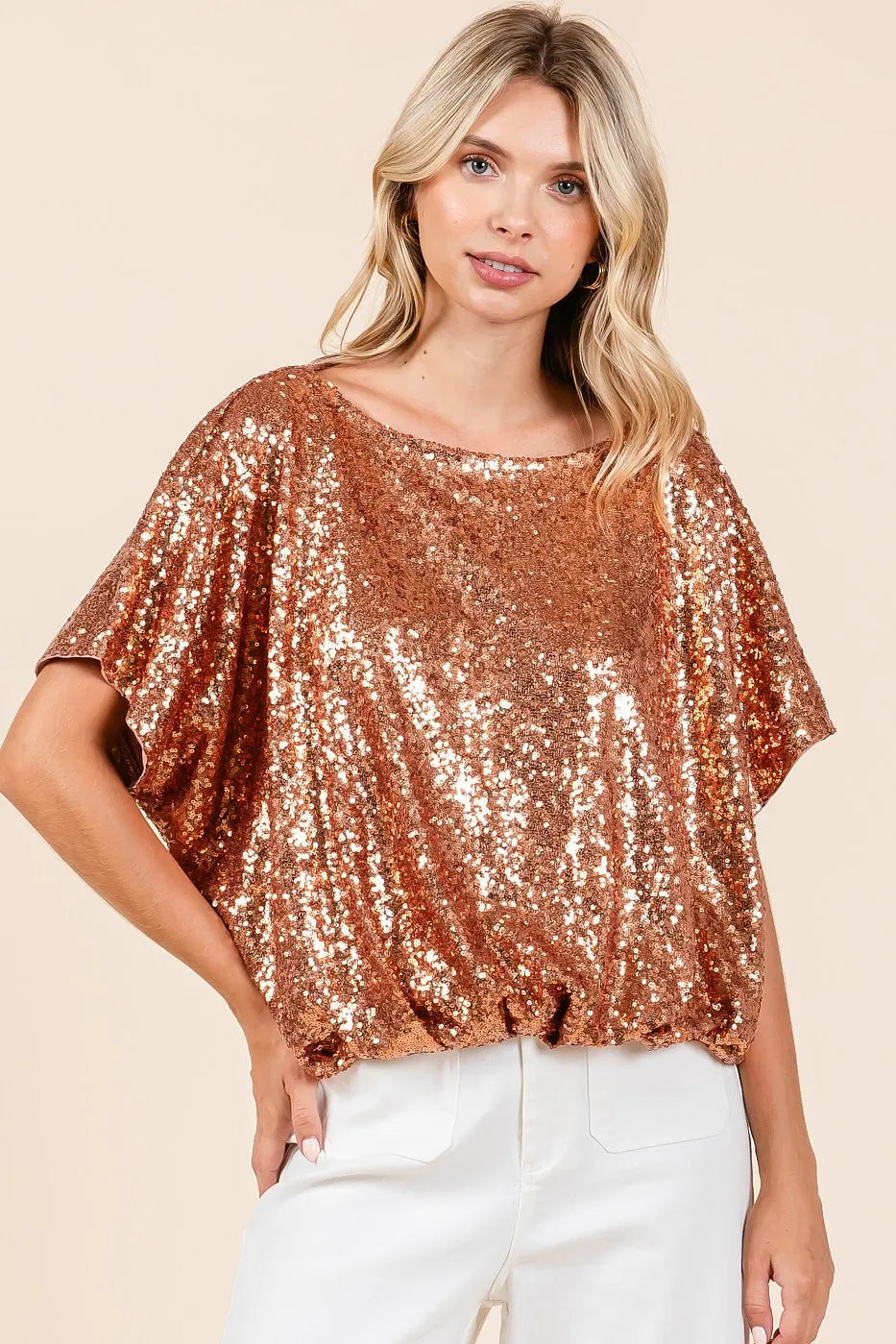 Mittoshop Sequin Short Sleeve Elastic Band Hem Top