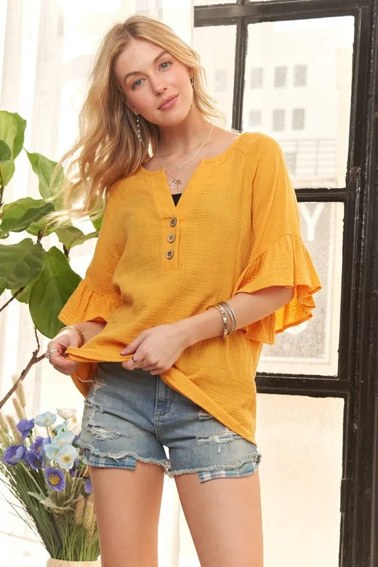 ADORA Ruffle Sleeve Crinkle Top