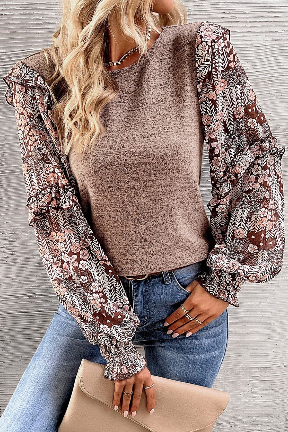 Heathered Floral Frill Lantern Sleeve Blouse Khaki