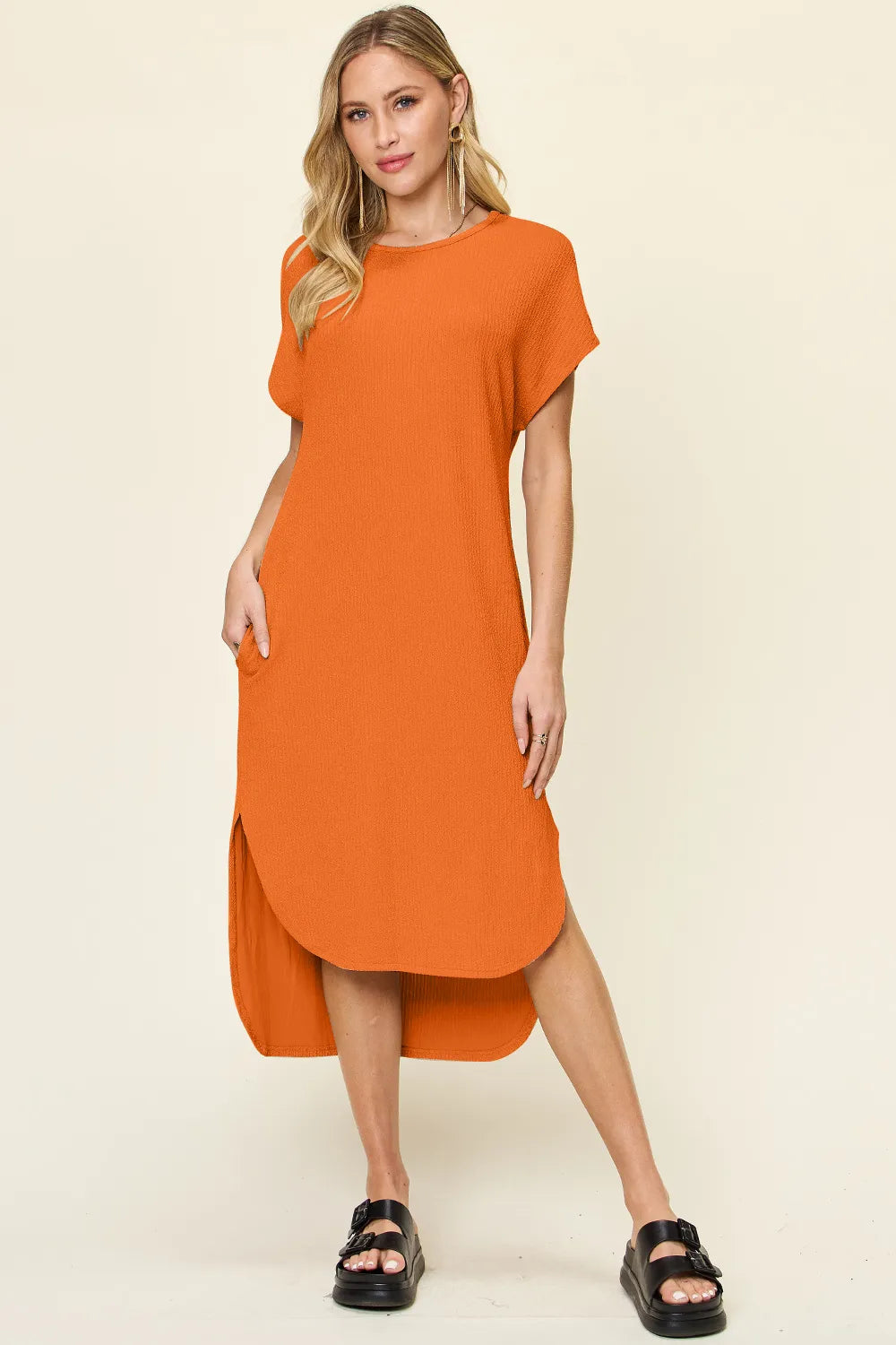 Double Take Full Size Round Neck Short Sleeve Slit Dress Tangerine