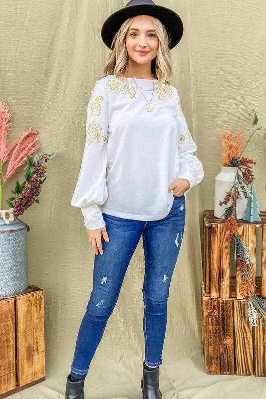 And The Why Flower Gold Embroidery Shoulder Detailed Top