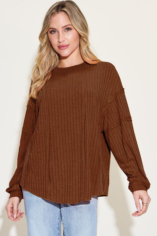 Basic Bae Full Size Ribbed Round Neck Long Sleeve T-Shirt Dark Brown