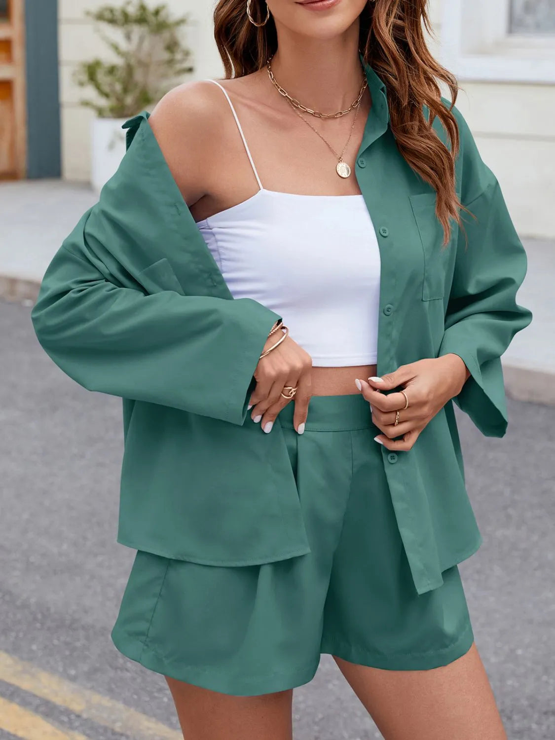 Button Up Long Sleeve Top and Shorts Set