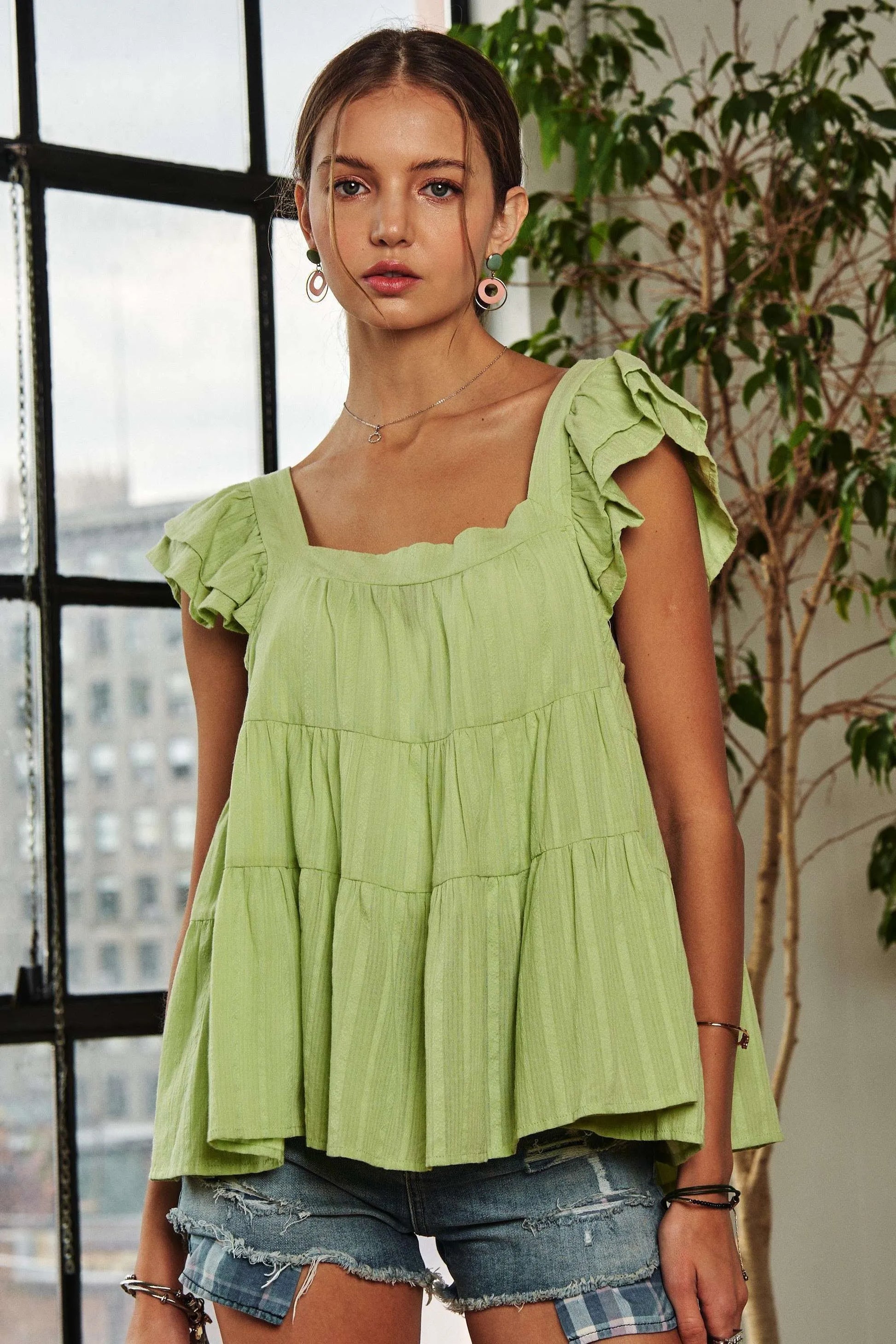 ADORA Ruffle Sleeve Babydoll Tunic Top SAGE