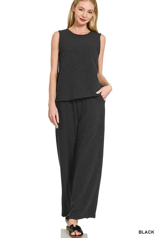 Zenana Cotton Slub Tank & Pants Set BLACK
