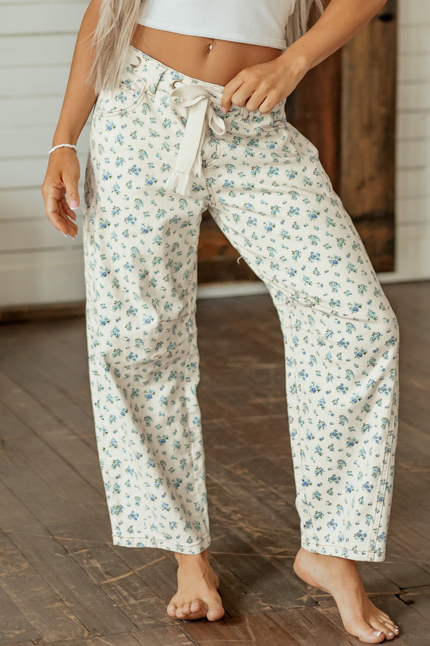Floral Grommet Knot Waist Barrel Leg Jeans