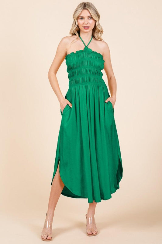 Culture Code Tie Back Shirring Dress with Pockets Green Pop