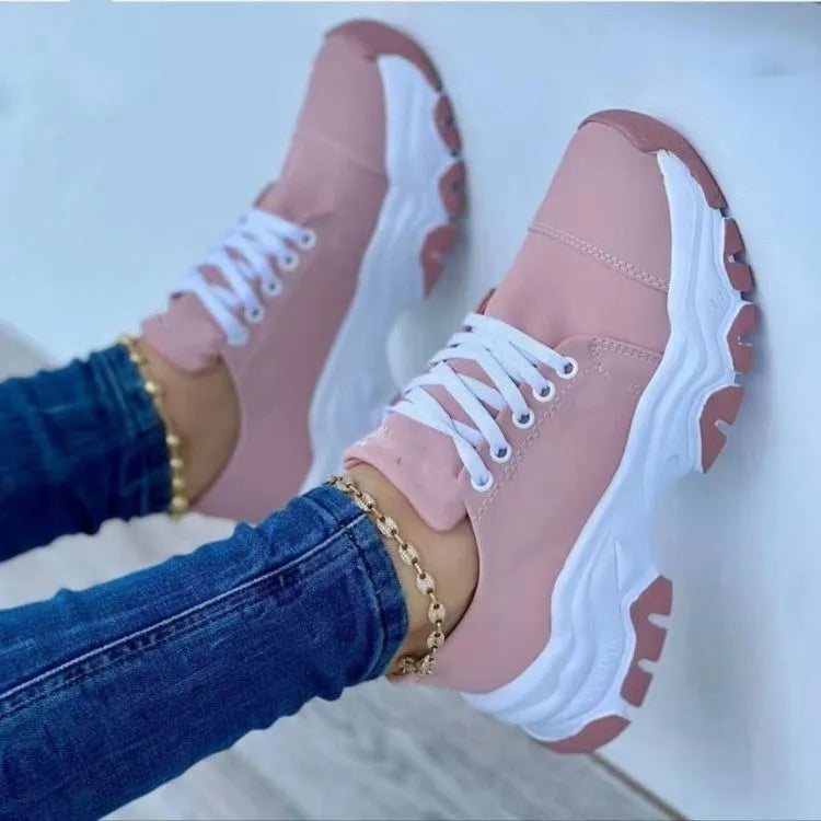 Lace-Up Round Neck Platform Sneakers Pink