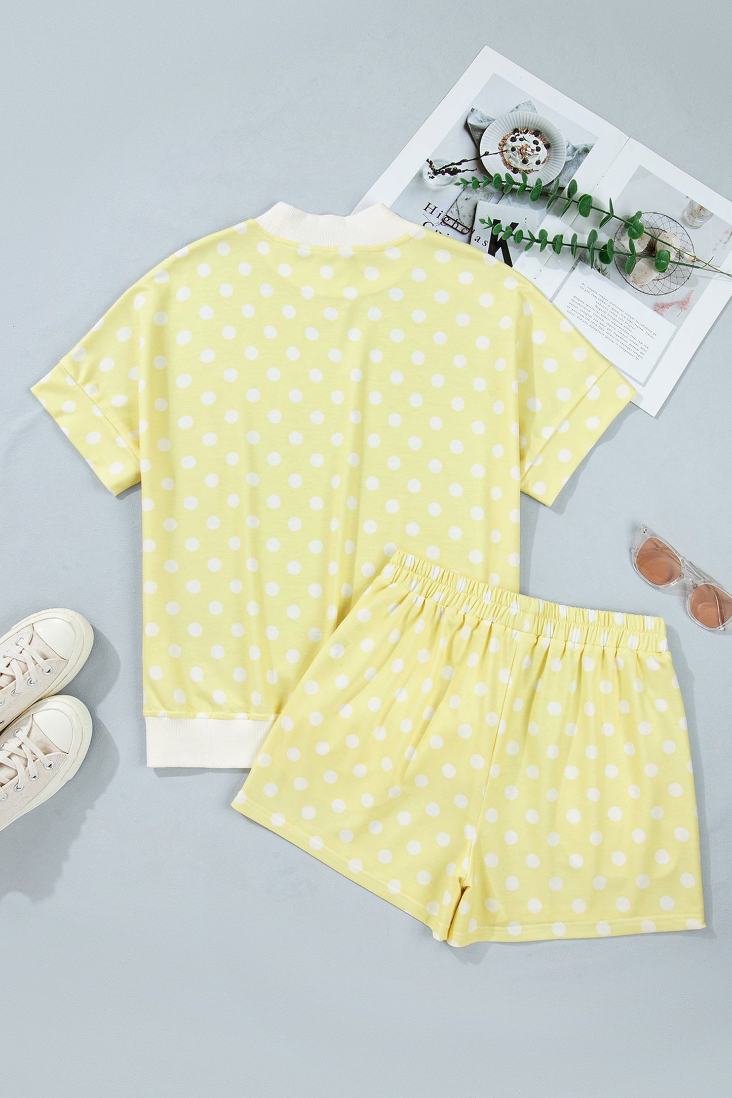 Polka Dot Colorblock Mock Neck & Shorts Set