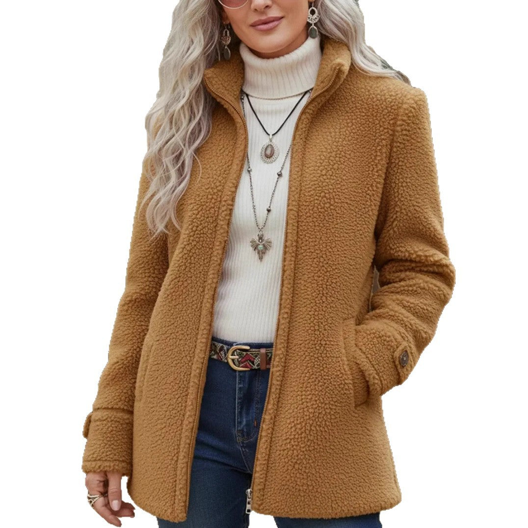 Woman wearing a brown fleece jacket on a white background