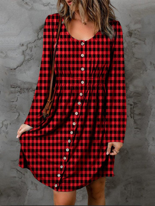 Double Take Full Size Plaid Round Neck Long Sleeve Magic Dress Deep Red