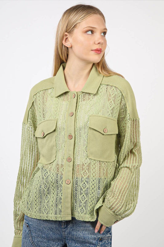 VERY J Button Up Long Sleeve Lace Shirt Sage