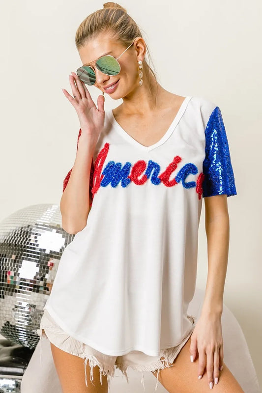 BiBi Metallic Letter V-neck Sequin Sleeves Top OFF WHITE