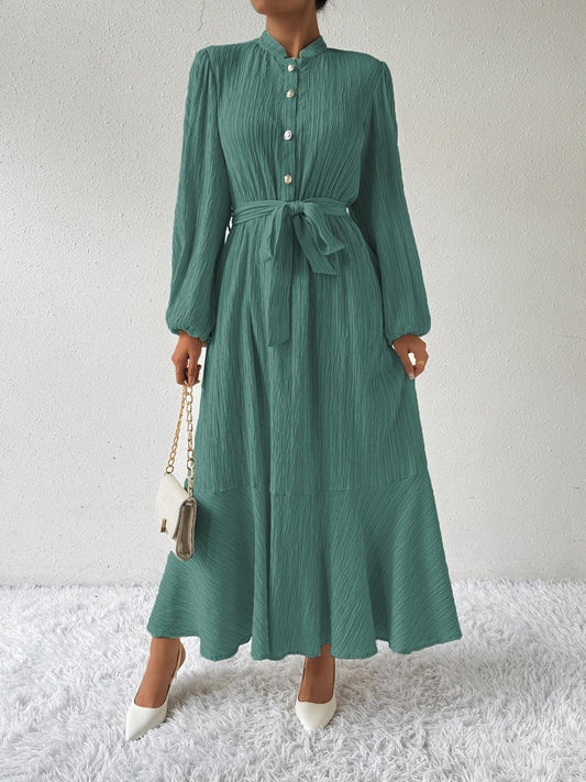Honey Tie Waist Long Sleeve Dress Air Force Blue