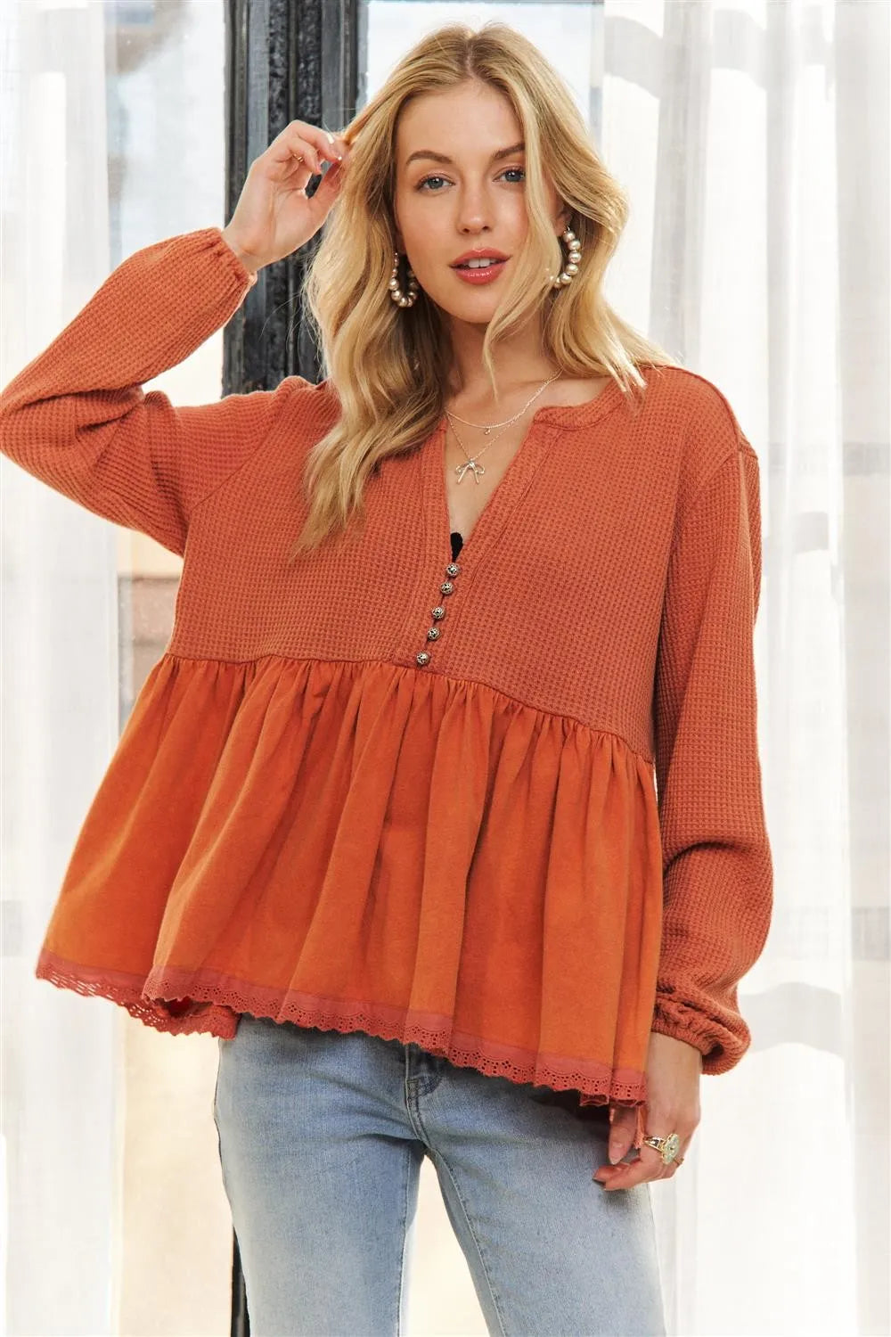 ADORA Mineral Washed Babydoll Tunic Top