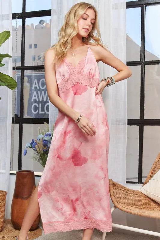 ADORA Lace Detail V-Neck Midi Dress PINK