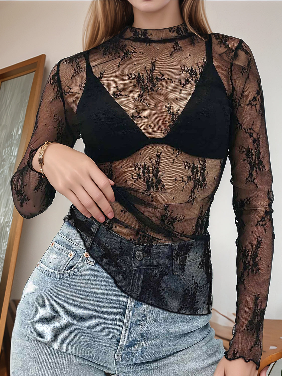 Floral Mock Neck Long Sleeve Mesh Top Black