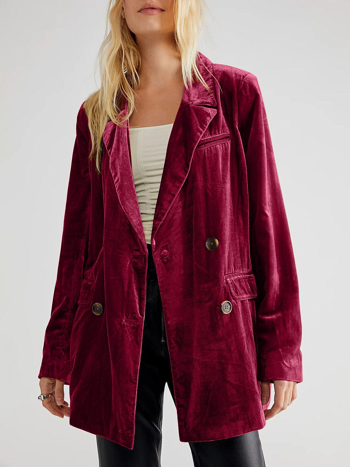 Lapel Collar Long Sleeve Blazer with Pockets Burgundy