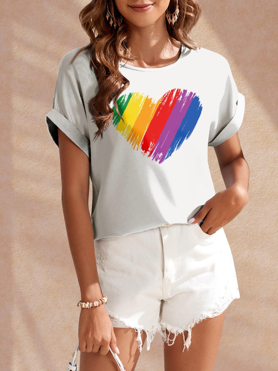Heart Round Neck Short Sleeve T-Shirt White