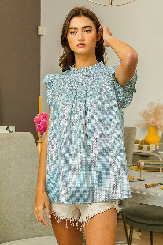 BiBi Clear Sequin All-over Gingham Smocked Top