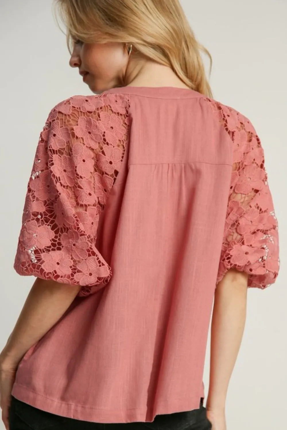 Umgee Full Size Lace Puff Sleeve Top Plus Size