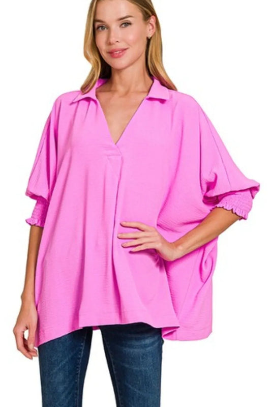 Zenana Airflow Collar Tee with Smocked Sleeve Band Top BRIGHT MAUVE