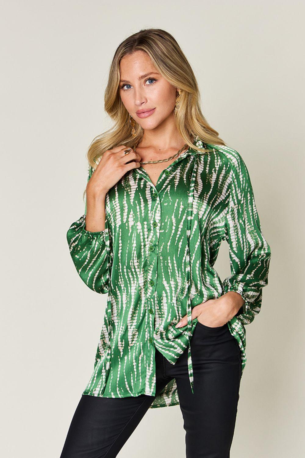 Double Take Full Size Printed Button Up Long Sleeve Shirt Dark Green