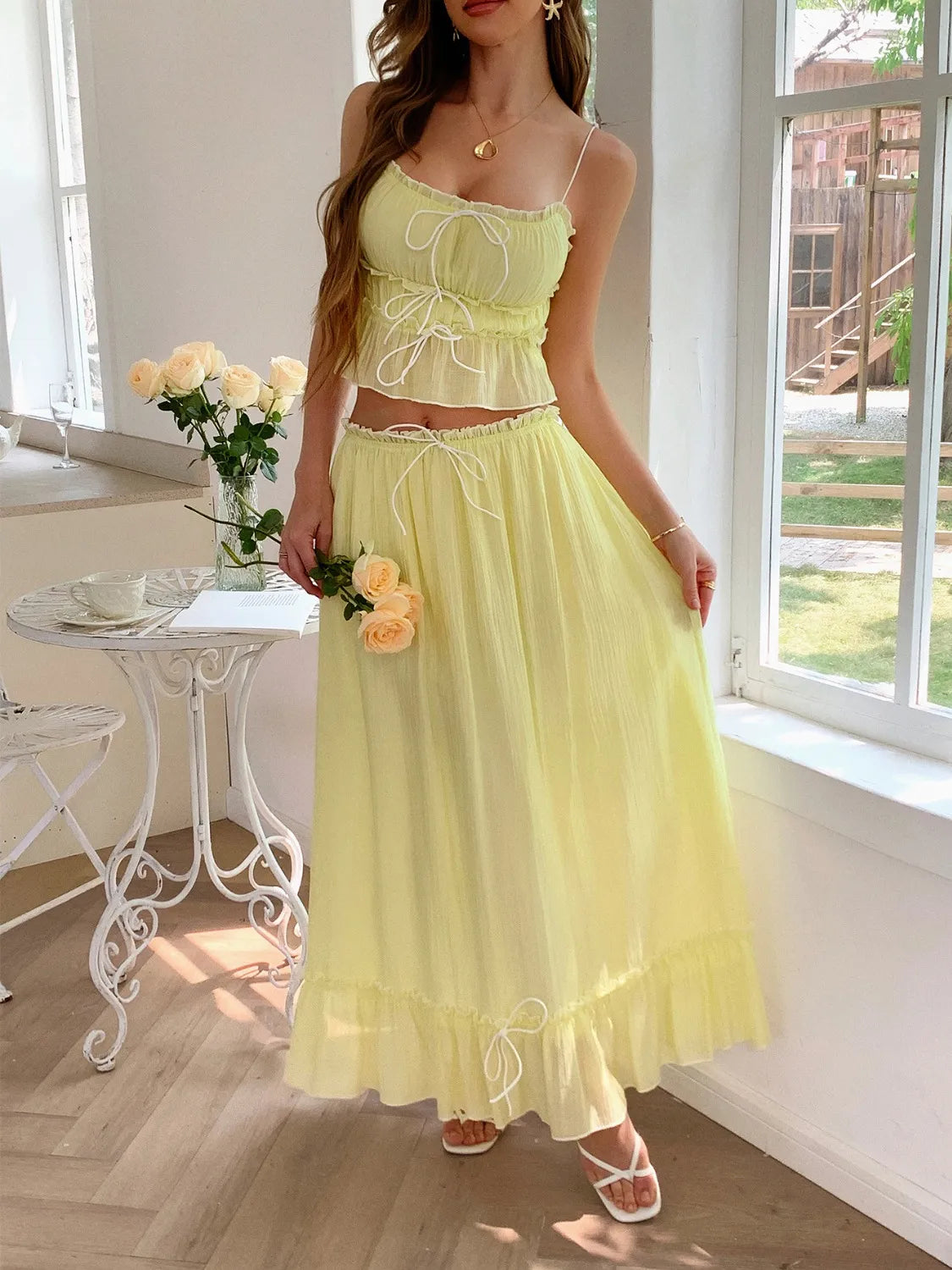Frill Square Neck Cami and Skirt Set Pastel Yellow