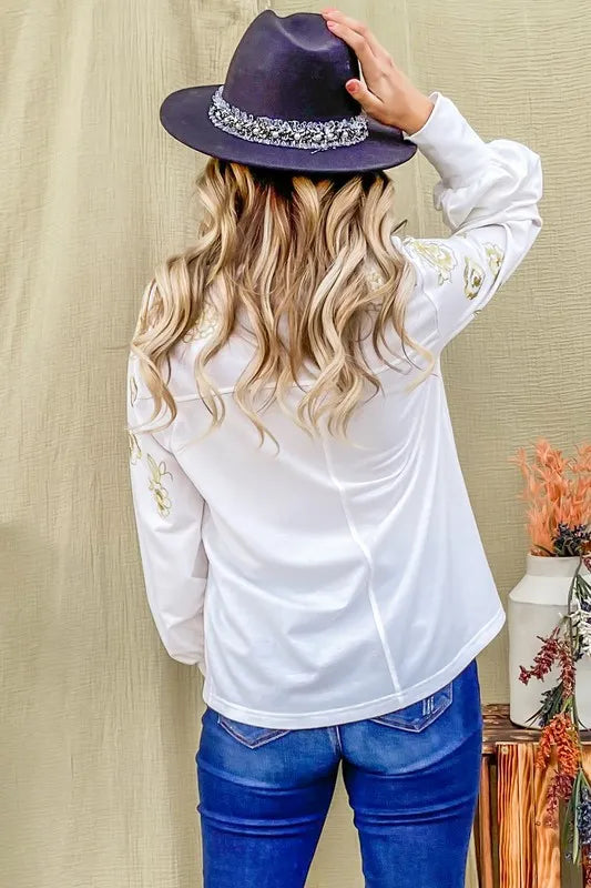 And The Why Flower Gold Embroidery Shoulder Detailed Top