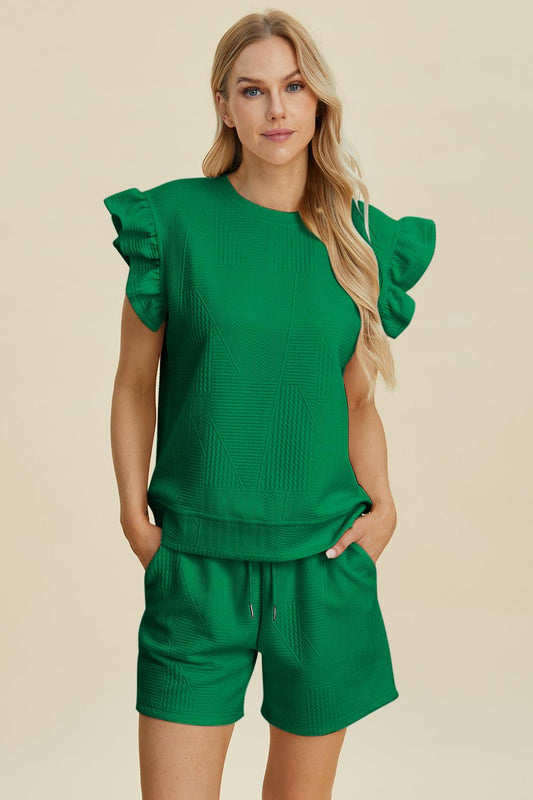Double Take Full Size Texture Round Neck Ruffle Sleeve Top and Shorts Set Dark Green