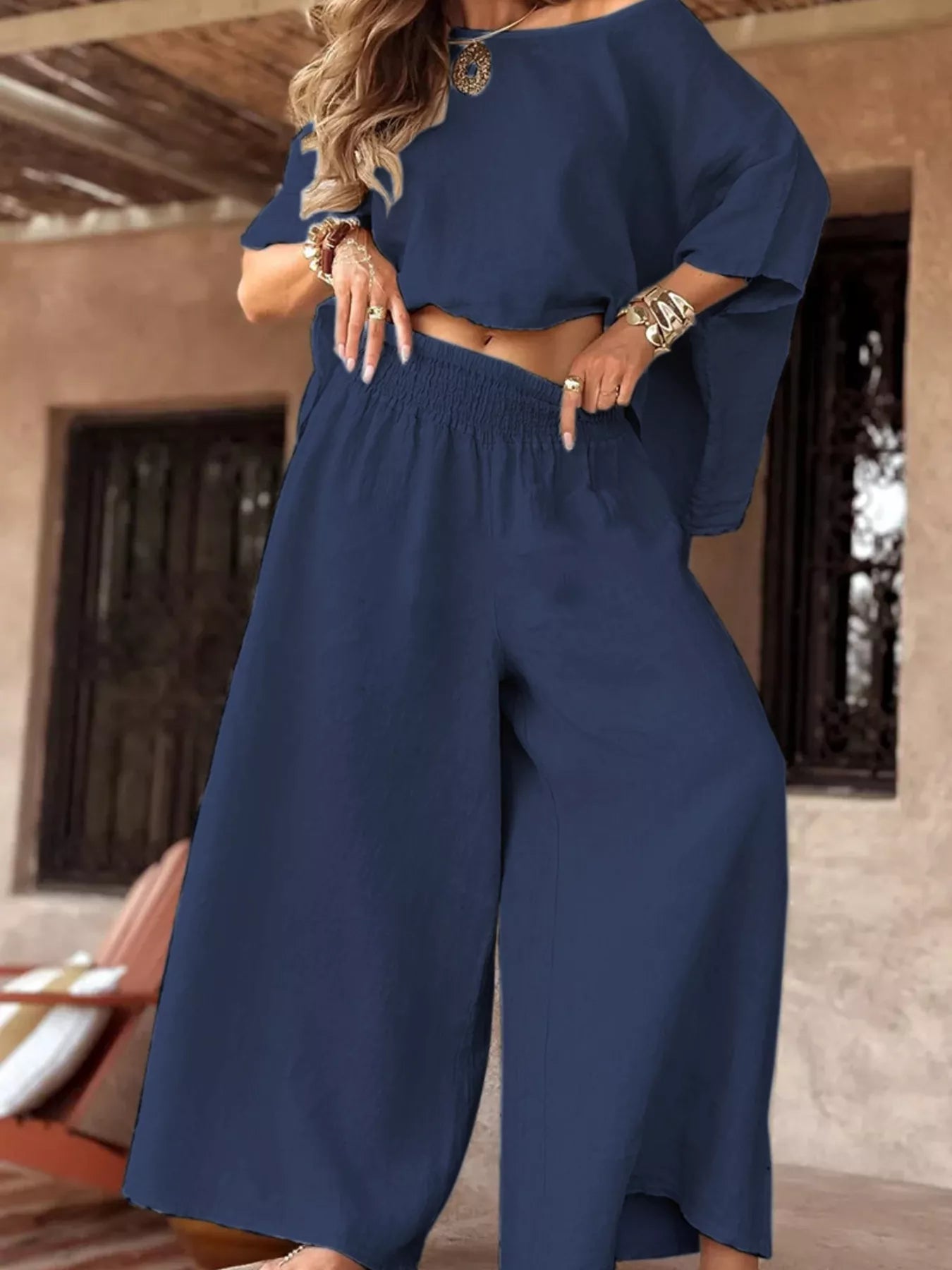 Full Size Boat Neck Top and Wide Leg Pants Set Plus Size