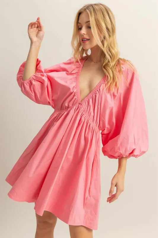 HYFVE Plunge Balloon Sleeve Poplin Mini Dress with Pockets Coral