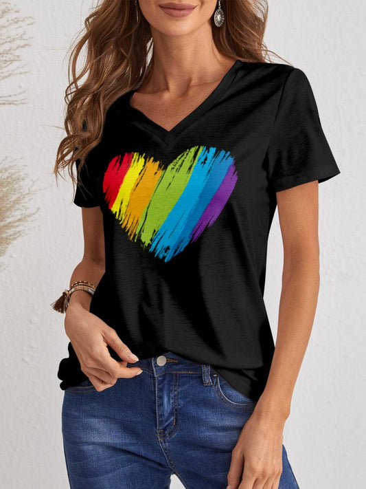 Heart V-Neck Dropped Shoulder T-Shirt Black