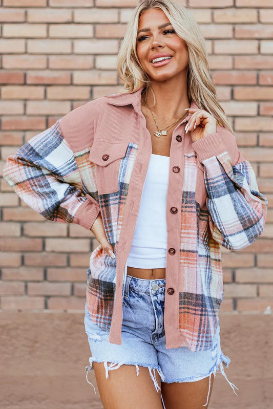 Plaid Button Up Long Sleeve Shacket Pale Blush