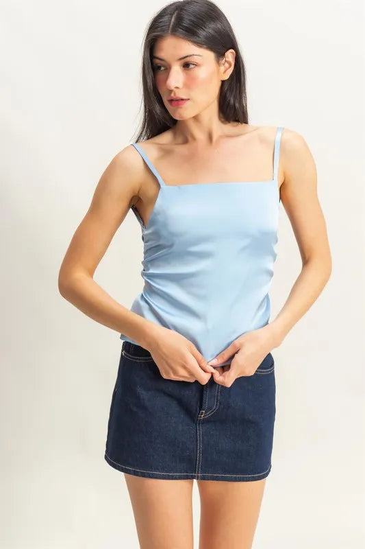 HYFVE Satin Back Tie Detail Cami ICE BLUE