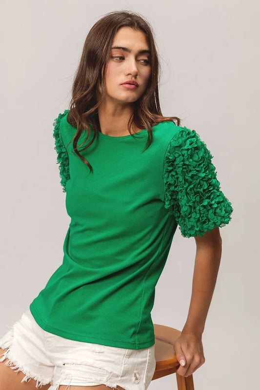 BiBi Short Mesh Flower Sleeve Knit Top JADE