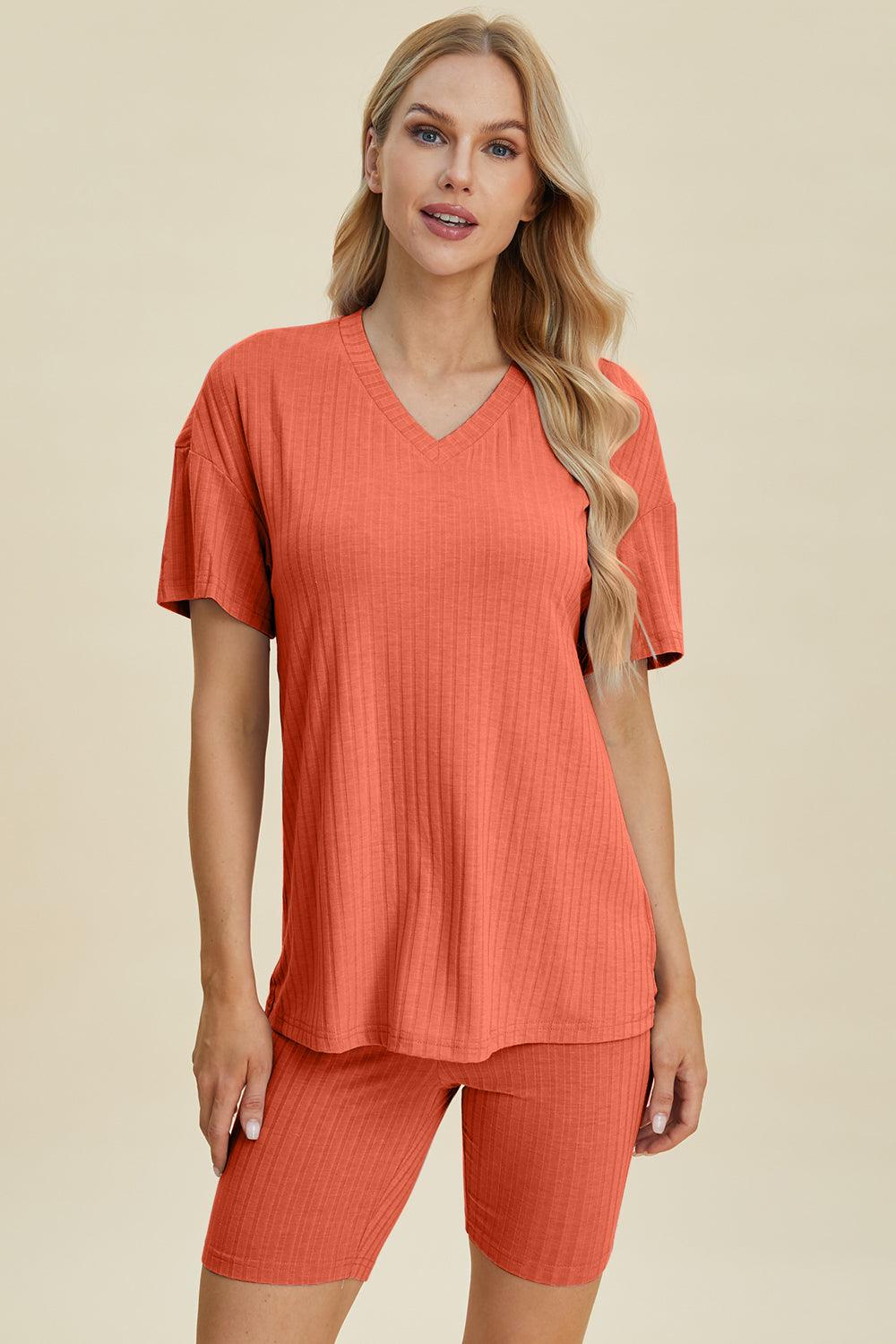 Basic Bae Full Size Ribbed V-Neck Short Sleeve Top and Shorts Set Coral