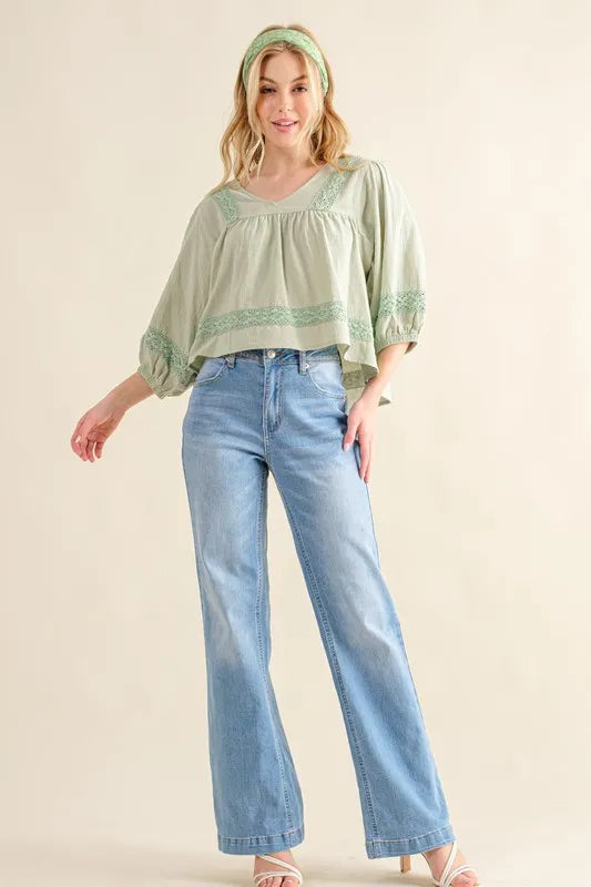 And The Why Lace Detailed V Neck Blouse Top SAGE