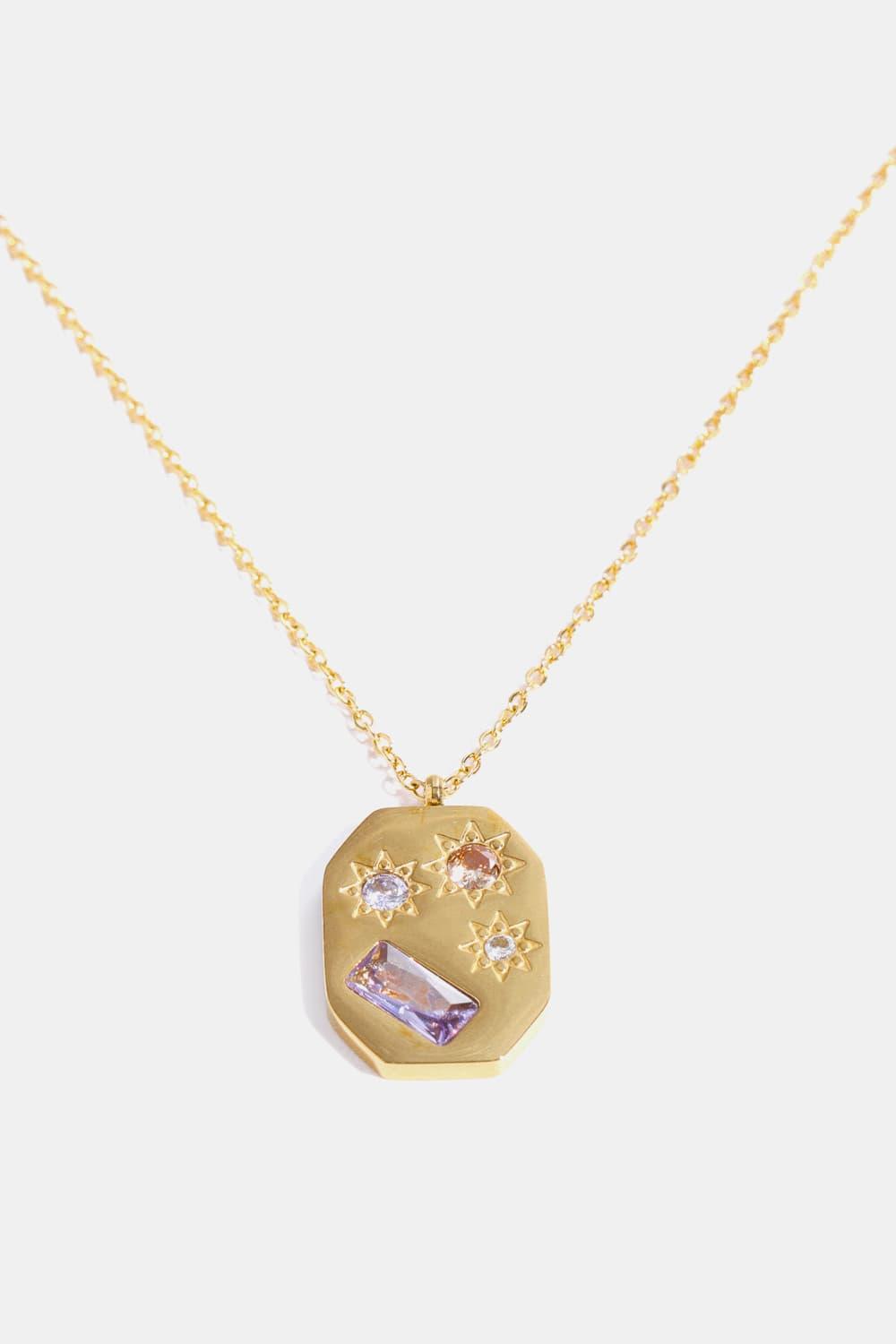 Inlaid Zircon Pendant Stainless Steel Necklace Hexagon Gold One Size