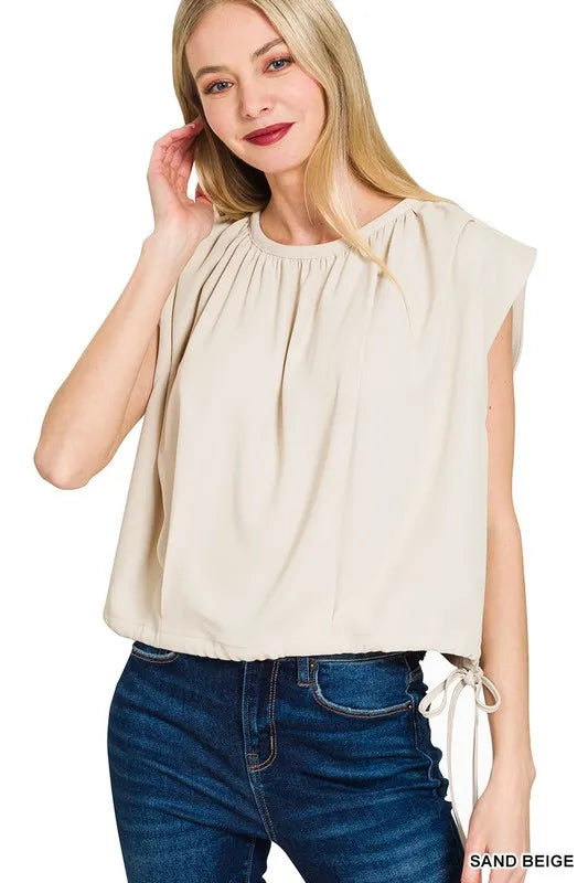 Zenana Woven Drawstring Tie Side Sleeveless Top SAND BEIGE