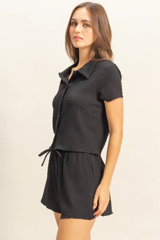 HYFVE Textured Short Sleeve Top and Drawstring Shorts Knit Set
