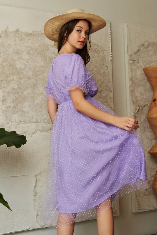 Davi & Dani Mesh Puff Short Sleeve Midi Dress