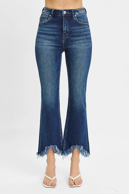 RISEN Full Size High Rise Crop Bootcut Fray Hem Jeans Plus Size Dark
