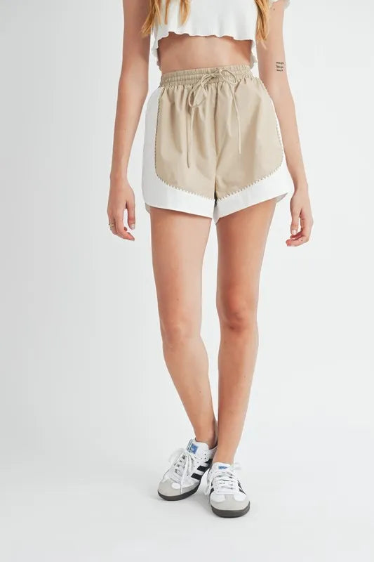 MABLE Drawstring Waist Contrast Trim Detail Shorts Taupe