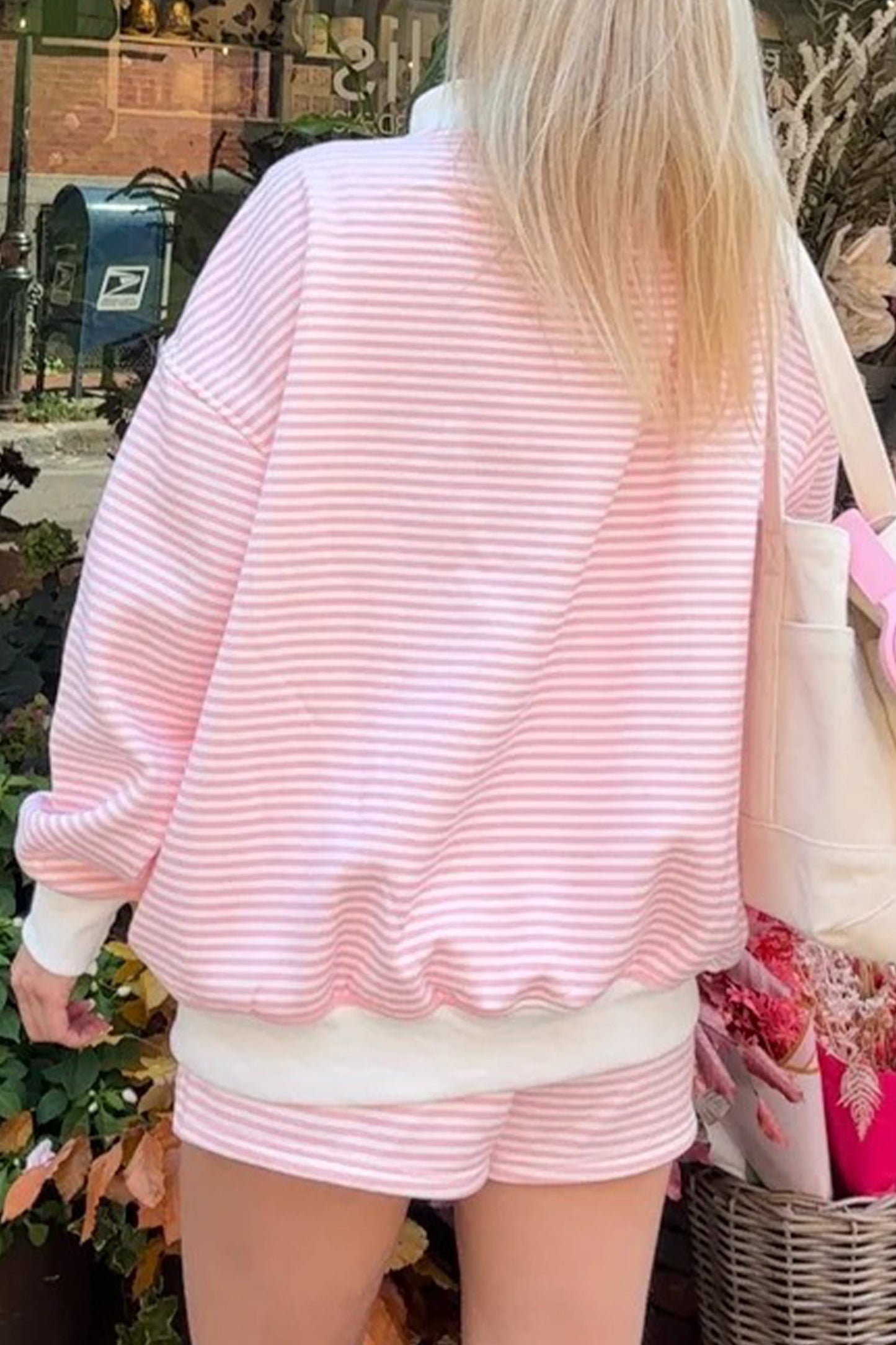 Stripe Oversize Mock Neck Sweatshirt & Shorts Set