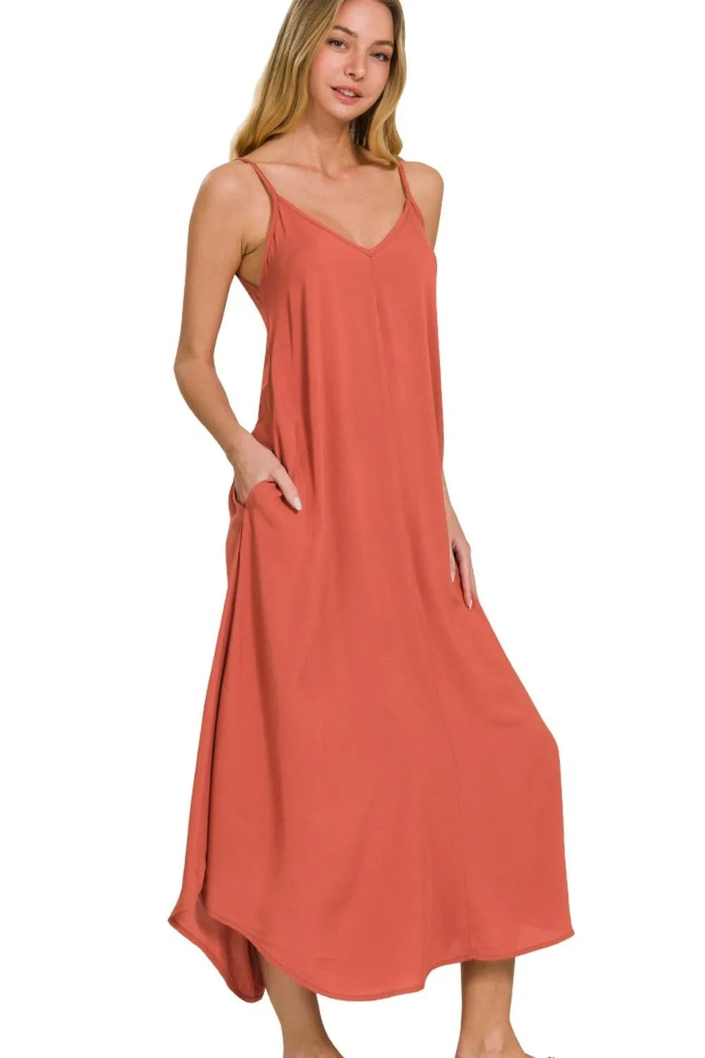 Zenana Woven Arc Hem Cami Midi Dress With Flowy Pockets RUST