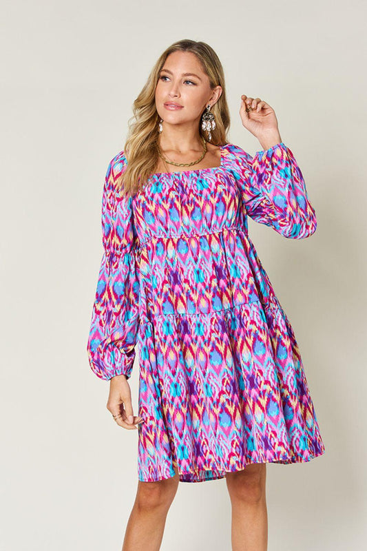 Double Take Full Size Printed Long Sleeve Dress Hot Pink