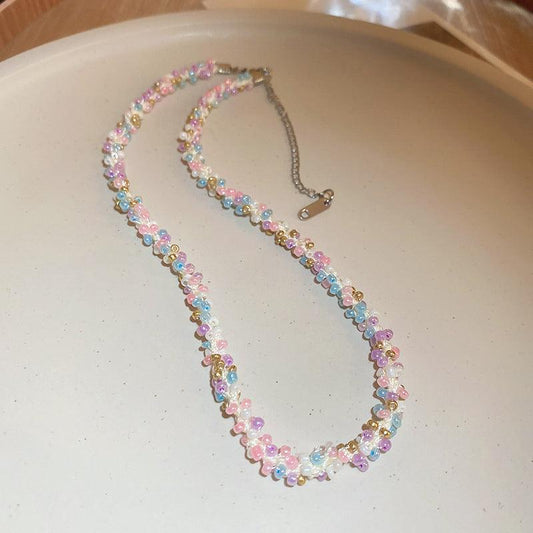 Titanium Steel Rice Bead Necklace Pink Purple One Size