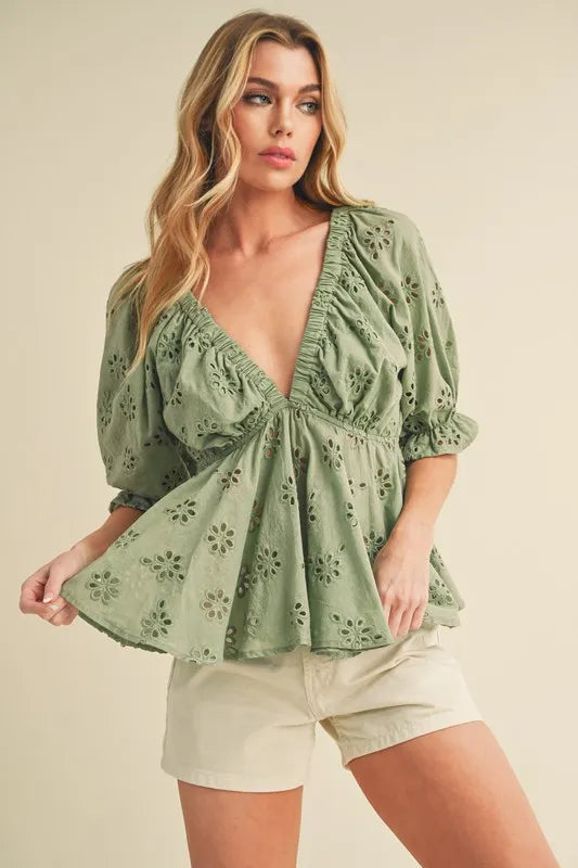 Aemi + Co Eyelet Embroidered V-Neck Half Sleeve Peplum Blouse Matcha Green